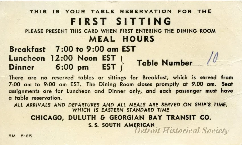 Card, Meal - First Sitting