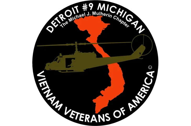Logo with an orange Vietnam map silhouette and helicopter, text reads “Detroit #9 Michigan, Vietnam Veterans of America.”
