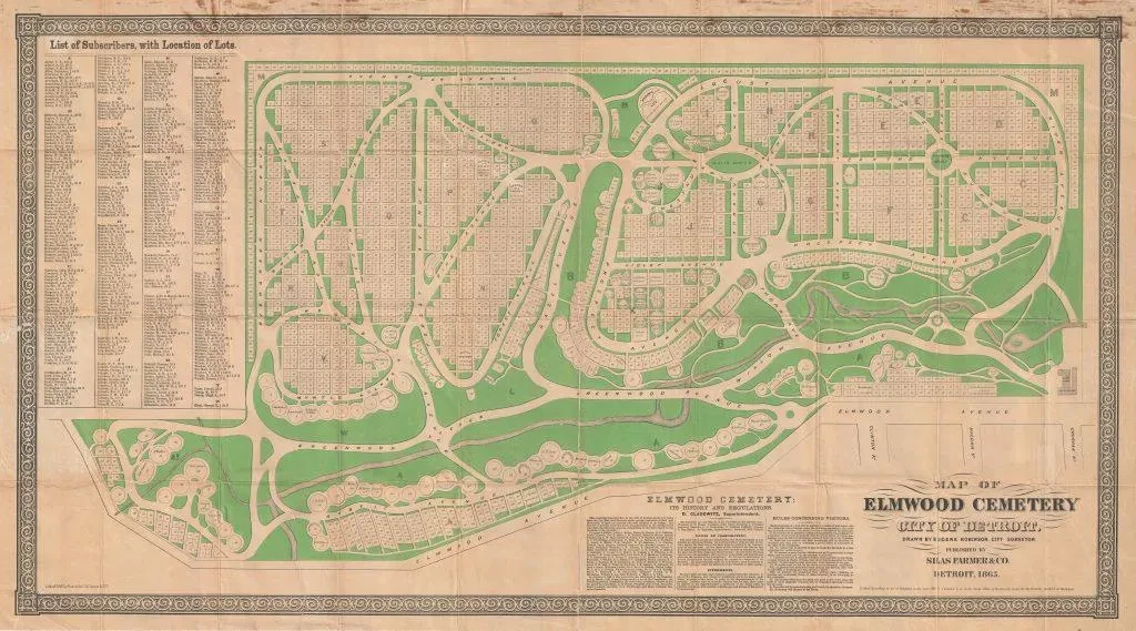 Map of Elmwood Cemetery with green pathways and plots, surrounded by a beige border.