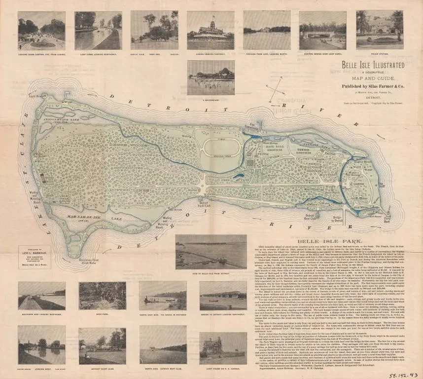 Historical map of Belle Isle Park with surrounding photographs, showcasing landmarks and features in a vintage style.