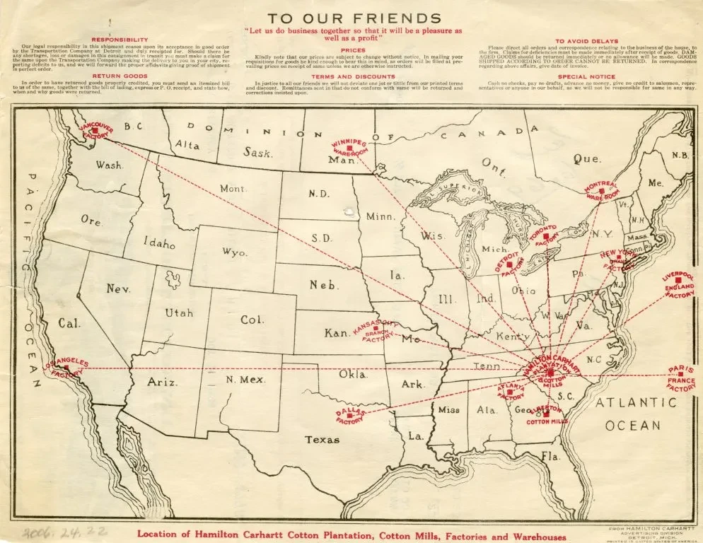 Map of the United States with red lines and numbers indicating locations, marked in a vintage style.
