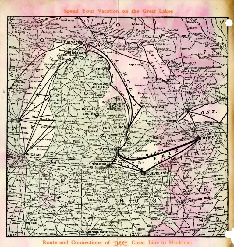 Vintage map of the Great Lakes region showing travel routes and connections in black lines with a pink backdrop.