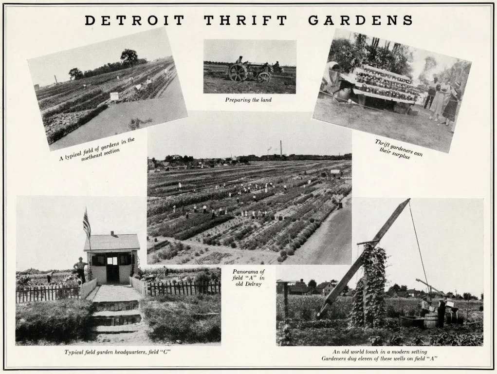 Collage showing early 1900s Detroit Thrift Gardens with fields, a windmill, and people working the land.
