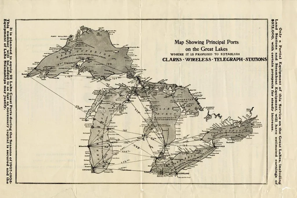 Map of Great Lakes region highlighting principal ports and telegraph stations, labeled in black and white.