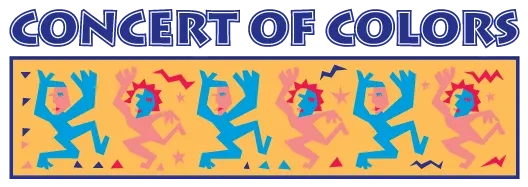 Colorful abstract dancers with geometric shapes, vibrant blue and pink on an orange background. Text above: "Concert of Colors."