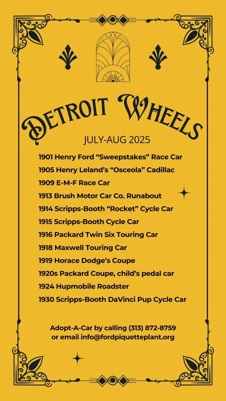 Yellow flyer with black text listing vintage cars under "Detroit Wheels," decorated with floral corners.