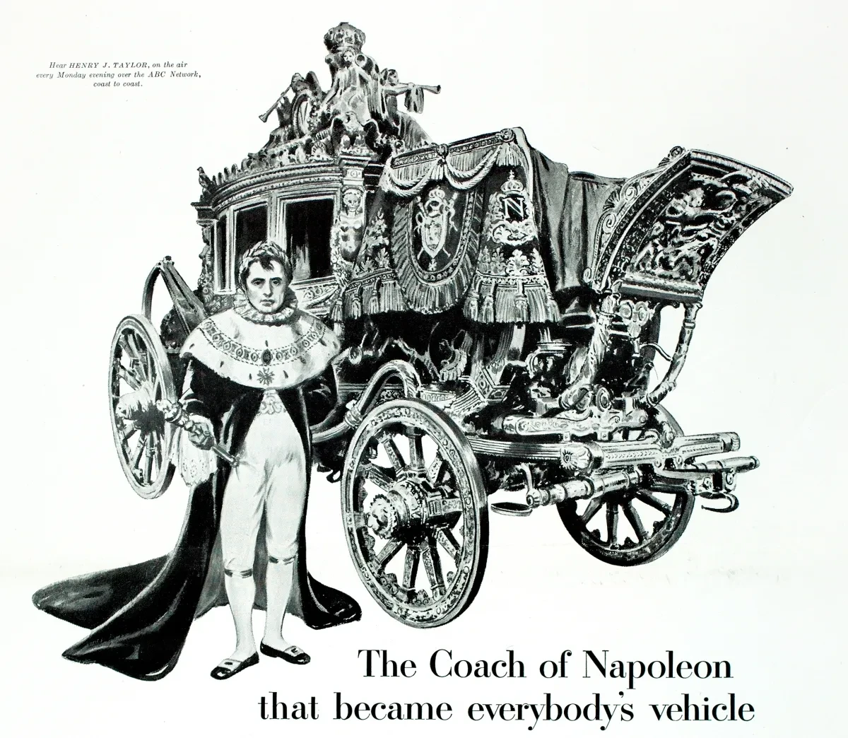 Napoleon wearing regal attire stands beside an ornate carriage with intricate details and large wheels.