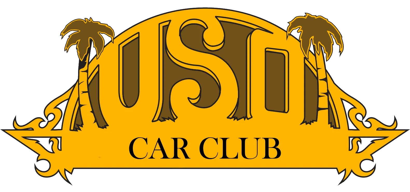 UST Car Club logo with palm trees and bold yellow lettering.