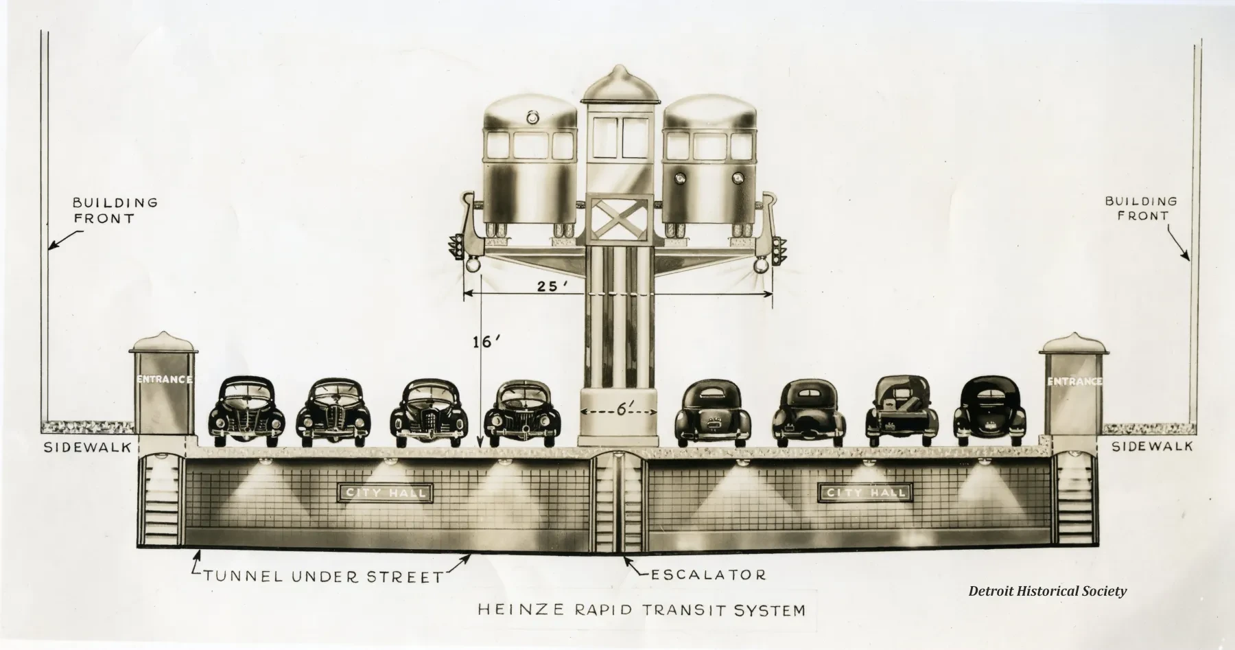 Sepia-toned technical drawing of a proposed underground vehicle transit design, showing several cars in tunnels.