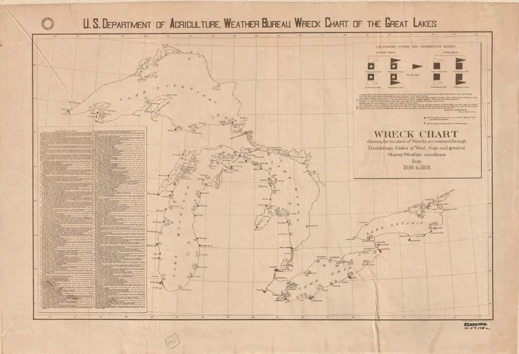 Map of the Great Lakes region with shipwreck locations and navigational details.