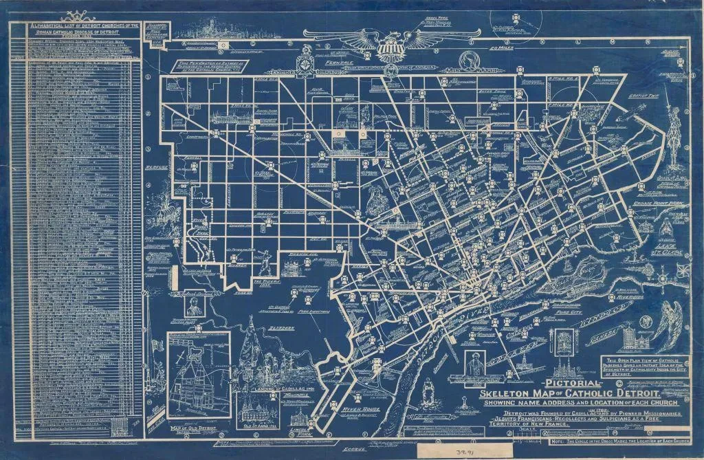 Blueprint-style map with detailed street layout and landmarks. White lines and text on a blue background.