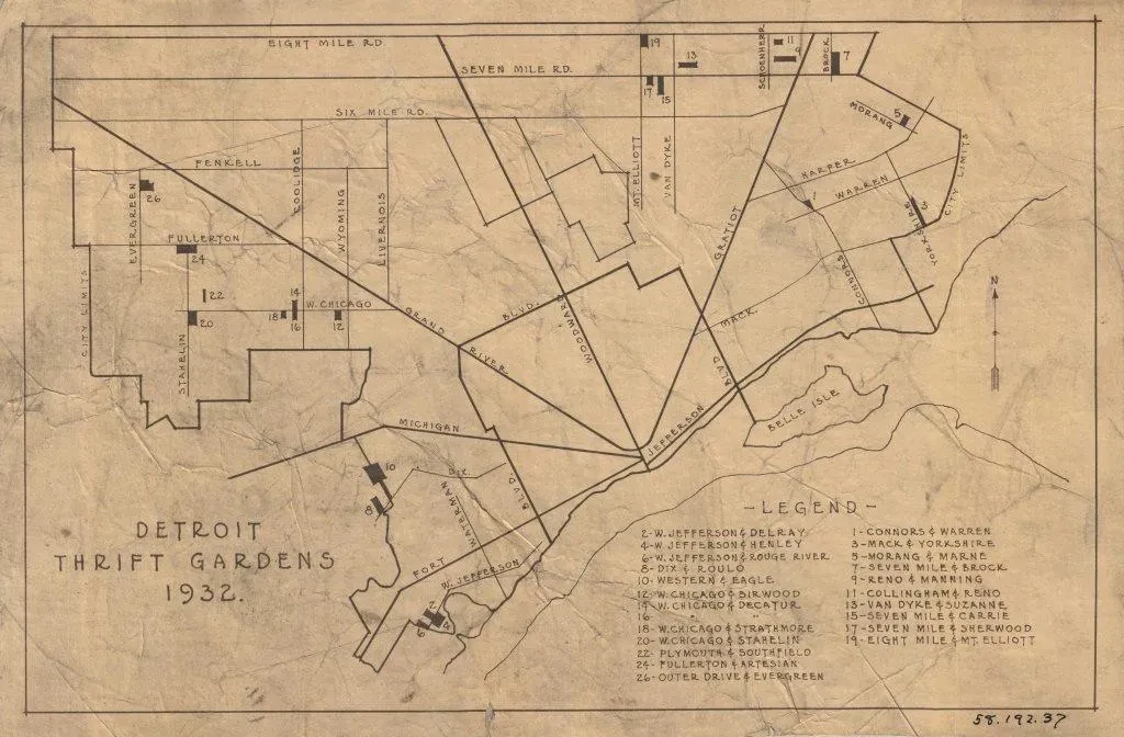 Vintage map of Detroit from 1932, showing streetcar lines and city layout with faded text and lines.