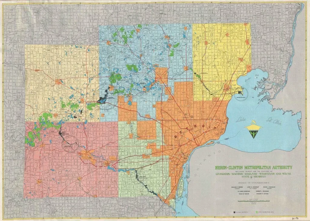 Color-coded 1969 map of Harris County, Texas, showing different zoning areas and road networks surrounding Houston.