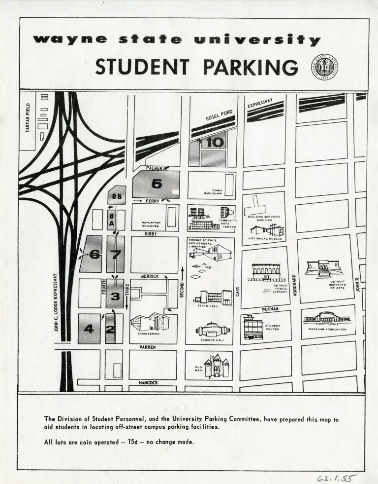 Wayne State University student parking map with labeled lots and surrounding streets.