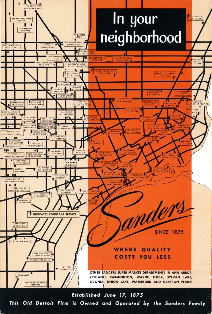 Vintage map with "Sanders" advert and slogan "Where Quality Costs You Less" on an orange panel. Black header and footer.