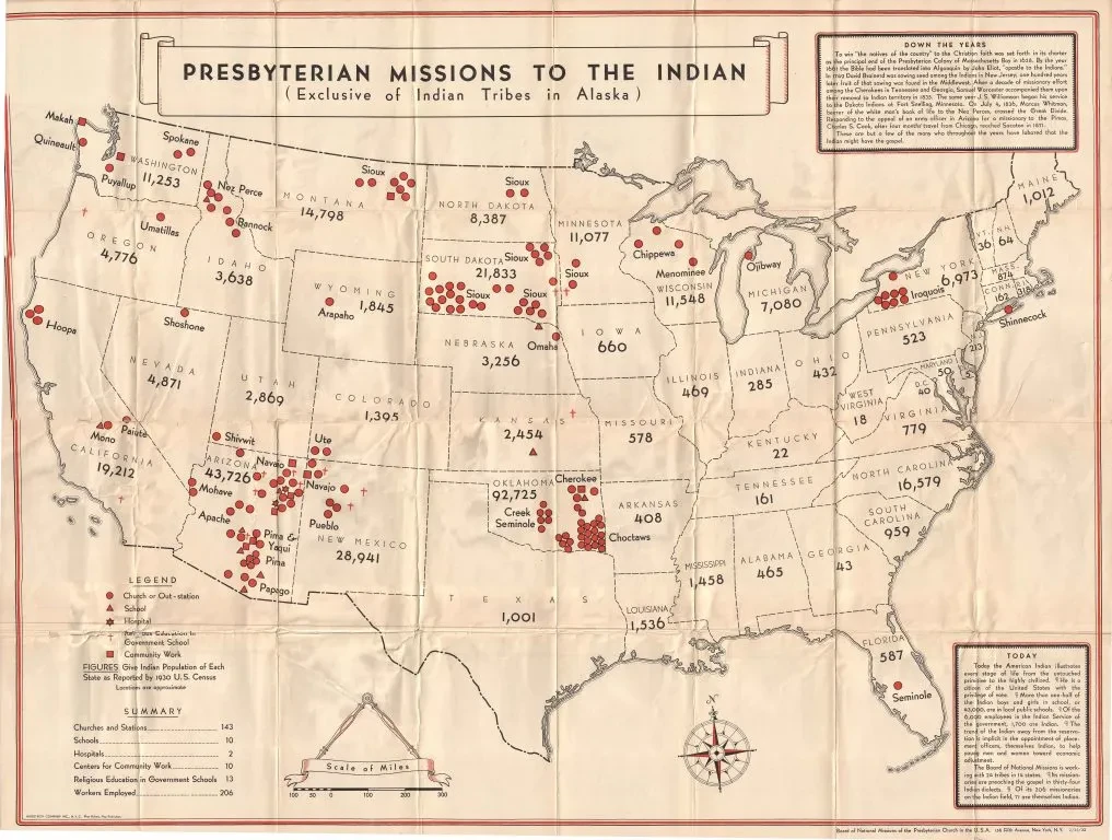 Map of the United States showing Presbyterian missions to Indigenous tribes, marked with red symbols in various states.
