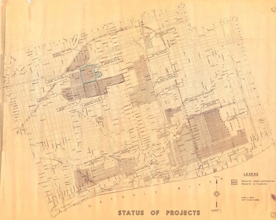 Map showing project status with highlighted areas on a beige background, labeled with a legend at the bottom right.