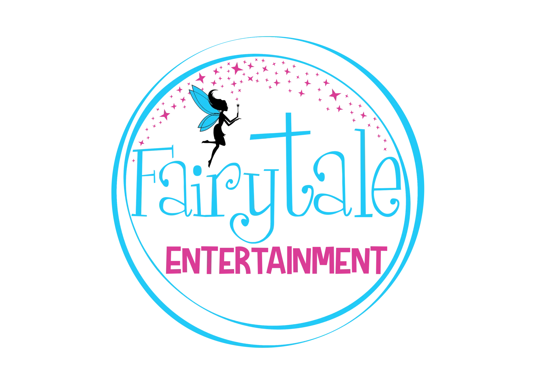 Fairytale Entertainment logo with pink and blue text and a sprinkling effect.