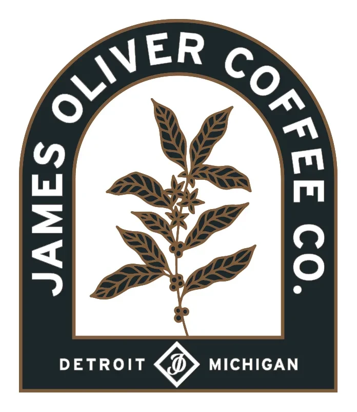 James Oliver Coffee Co. logo with a coffee plant illustration, black and gold color scheme.