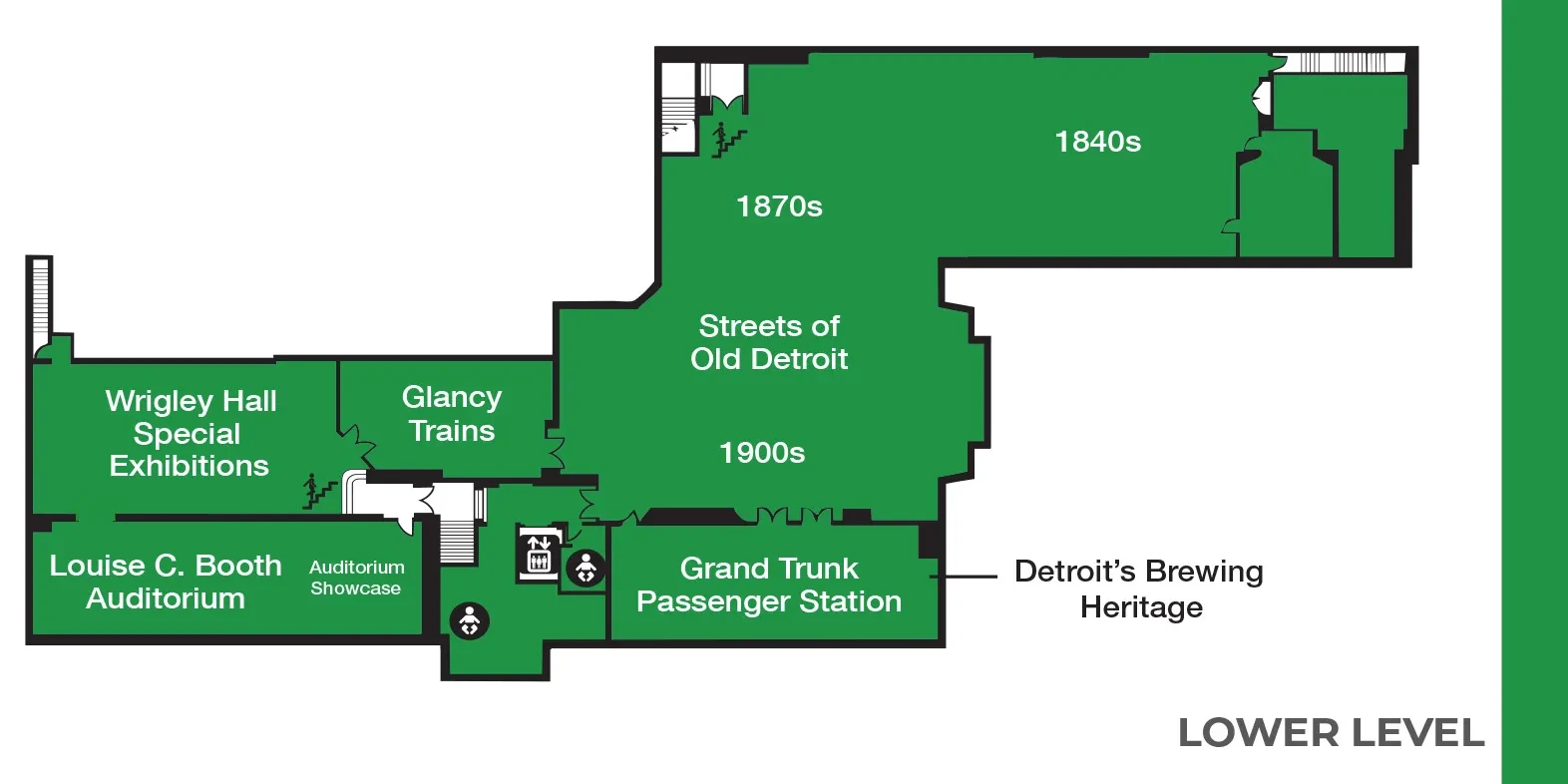 Floor plan of a lower level museum, depicting exhibition areas in green with labels for various historical sections.