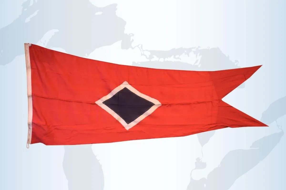 Red triangular flag with a black diamond in a white border, against a light blue gradient background.