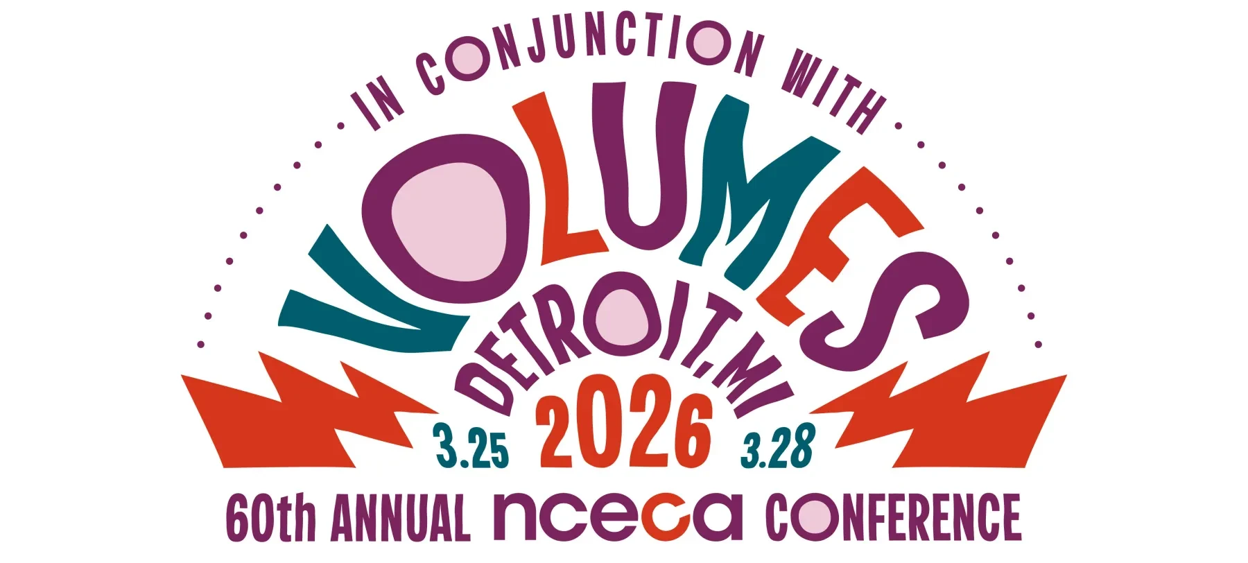 NCECA 2026 conference logo with colorful text and vibrant arcs, featuring Detroit, MI, and dates March 25-28.