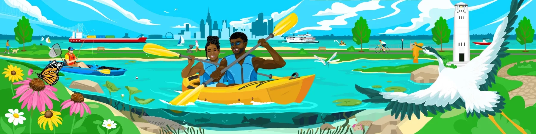 Two people kayak in a scenic lake with birds, flowers, and a lighthouse in the background; a vibrant, sunny day.
