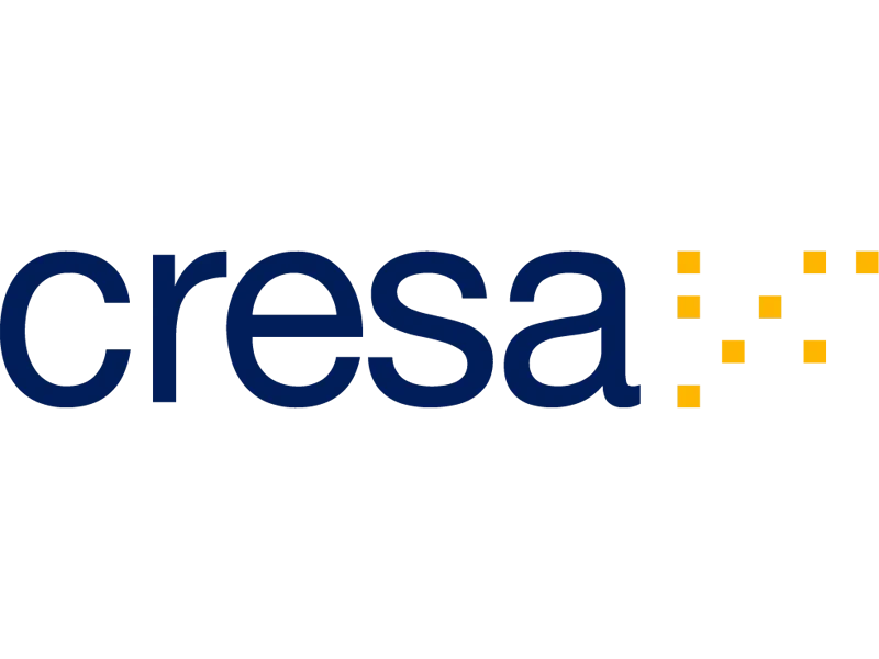 Cresa logo with blue text and yellow dots.