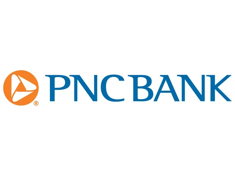 PNC Bank logo with blue text and orange emblem on the left.